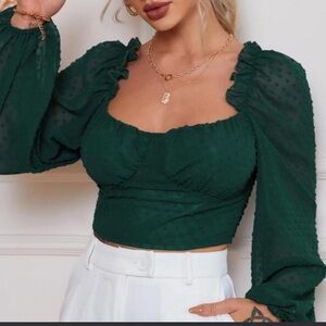 Green long sleeve crop top with ruffle detail NEVER WORN